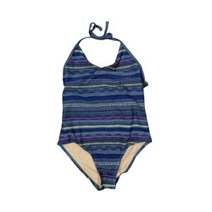 Tea Collection Girls One-Piece Swimsuit Size 10 Blue Stripe Halter UPF 40+